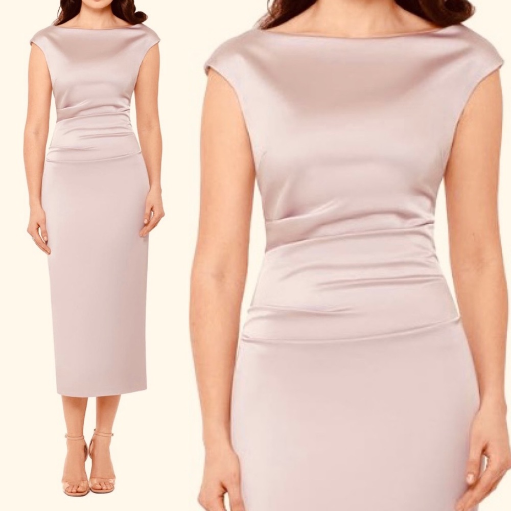 Betsy & Adam Cap Sleeve Heavy Satin Sheath Dress size 2 champagne cocktail